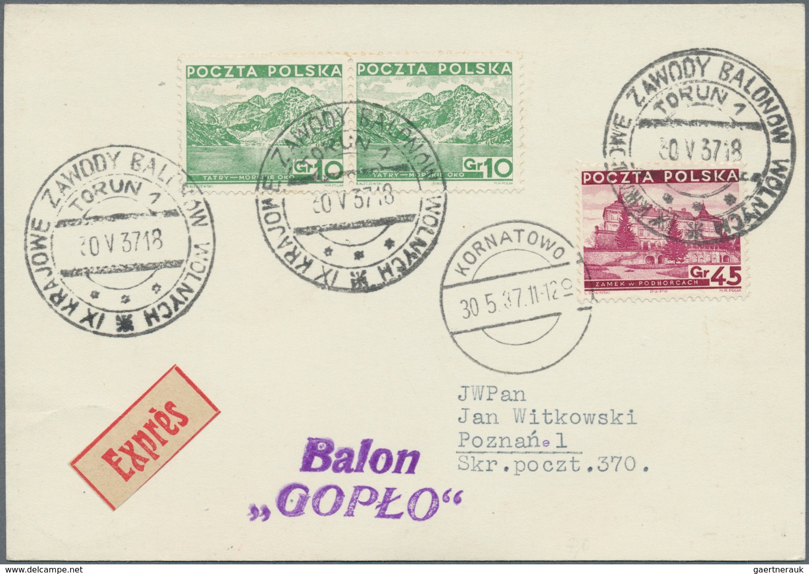 Ballonpost: 1937, 30.V., Poland, Balloon "Gopło", Card With Black Postmark And Arrival Mark, Only 91 - Montgolfières