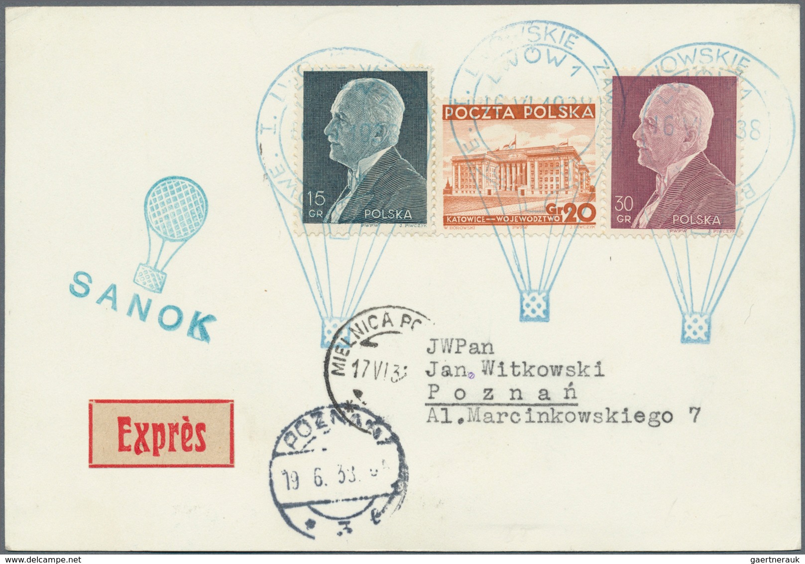 Ballonpost: 1938, 16.VI., Poland, complete set of six balloon cards/cover: balloons "Sanok", "Mościc