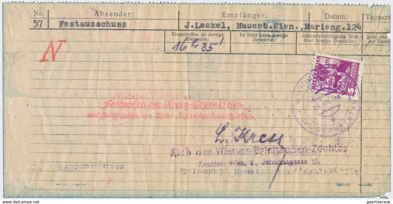 Brieftaubenpost: 1936, Brieftaubenpost Unter-Tullnerbach Anlässlich Der Kress Gedenkfeier: 24 G Doll - Tauben & Flughühner