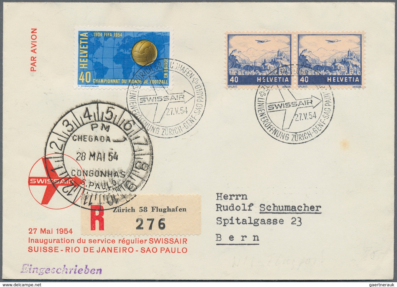 Flugpost Europa: 1954. Registered First Flight Cover "Zurich-Geneva-Sao Paulo" From "Zürich 58 Flugh - Autres - Europe