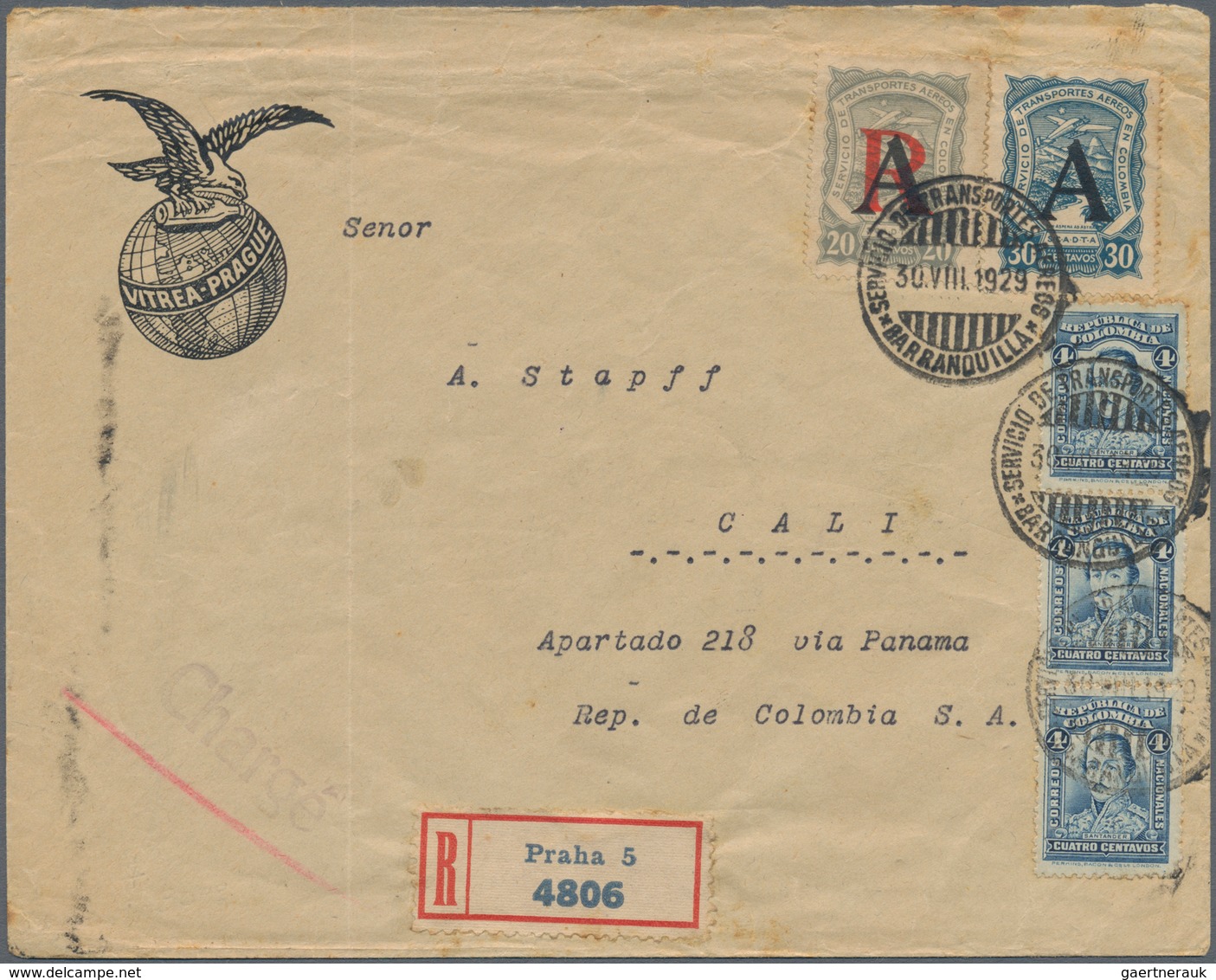 Flugpost Übersee: Czechoslovakia, 1929 (Aug. 30): Registered Business Envelope "Vitrea Prague" Frank - Autres & Non Classés