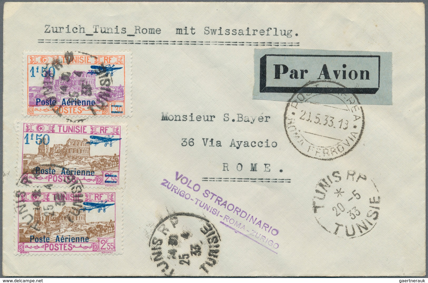 Flugpost Übersee: 1933, Tunisia, 1,50 Fr On 1,30 Fr And 2 X 1,50 Fr On 2,55 Fr Airmail Stamps, Mixed - Sonstige & Ohne Zuordnung