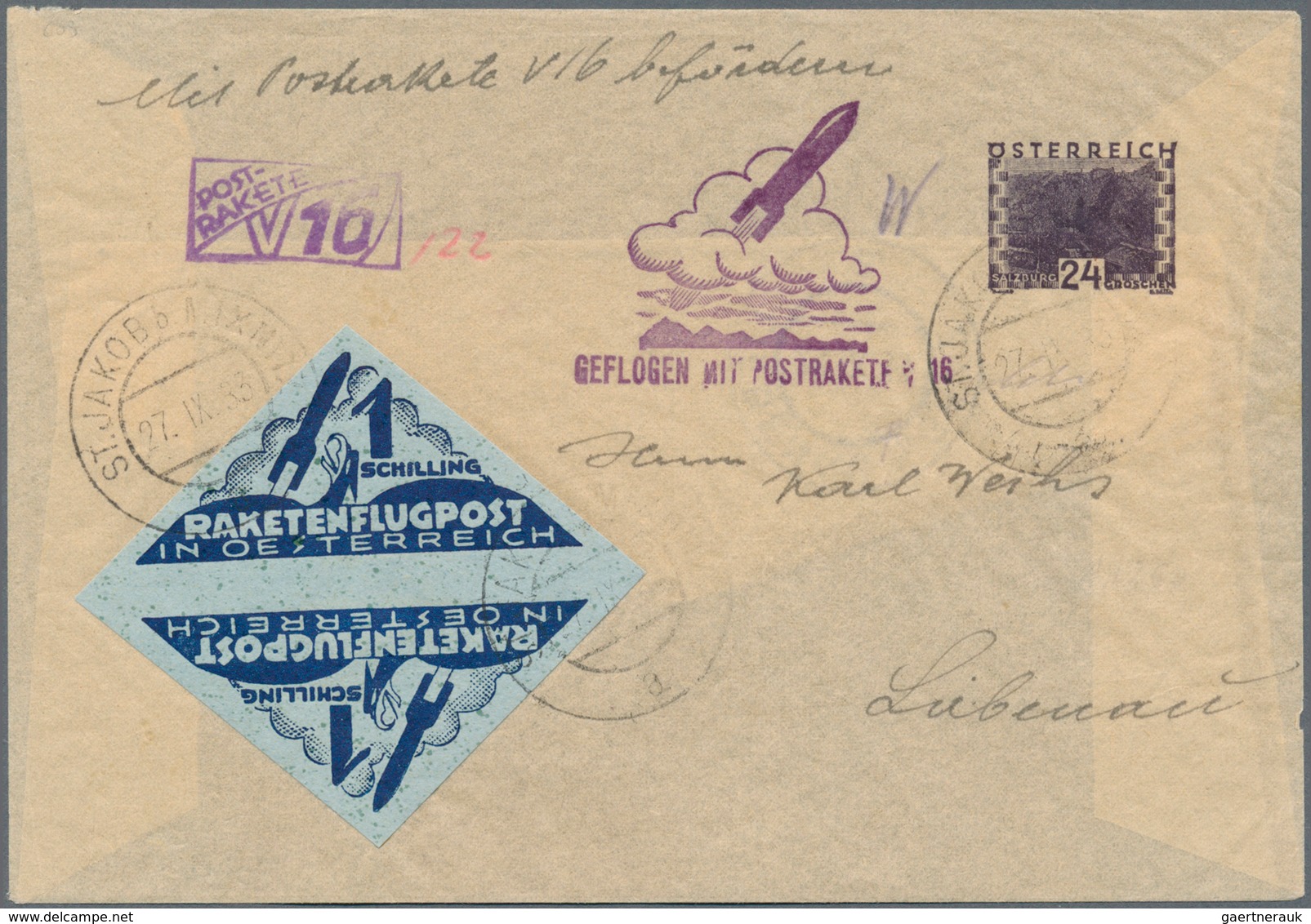 Raketenpost: 1933, Österreich: Schmiedl, Versuchsrakete V16, 24 Gr Violett Privat-GA-Umschlag, Chamo - Autres & Non Classés