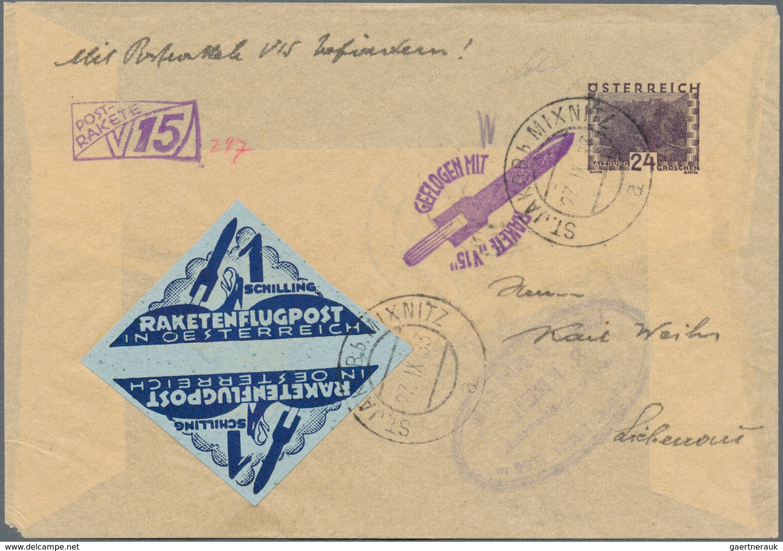 Raketenpost: 1933, Österreich: Schmiedl, Versuchsrakete V15, 24 Gr Violett Privat-GA-Umschlag, Chamo - Sonstige & Ohne Zuordnung