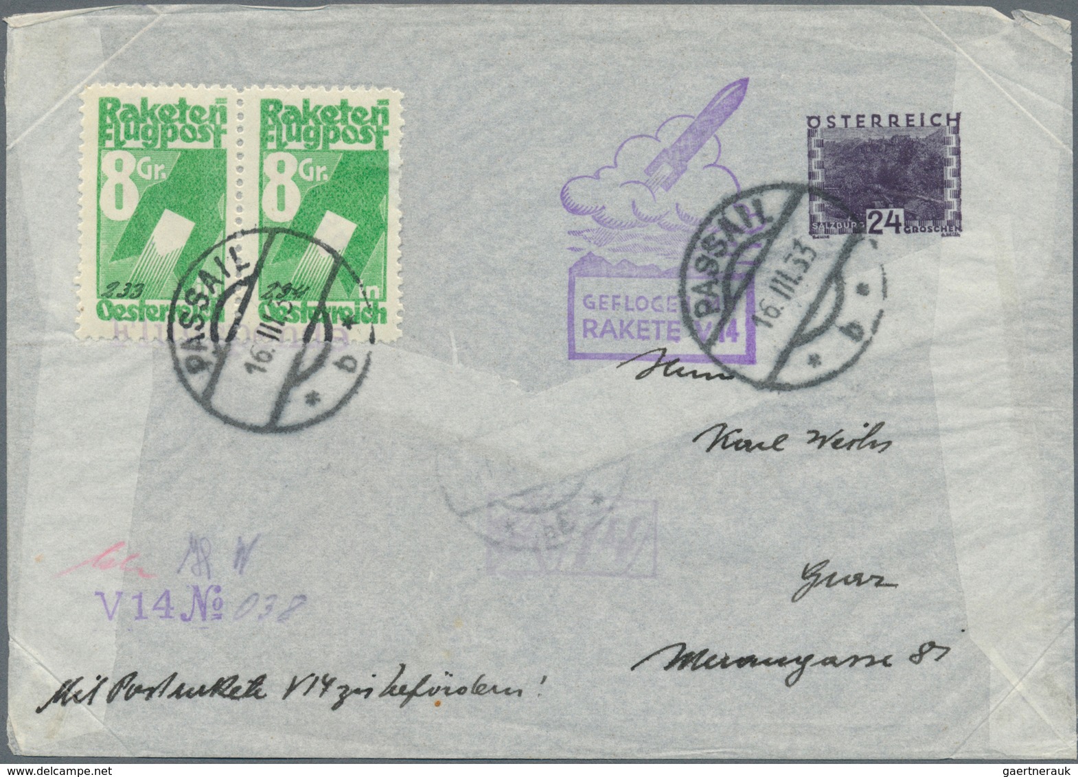 Raketenpost: 1933, Österreich: Schmiedl, Versuchsrakete V14, 24 Gr Violett Privat-GA-Umschlag, Weiss - Autres & Non Classés