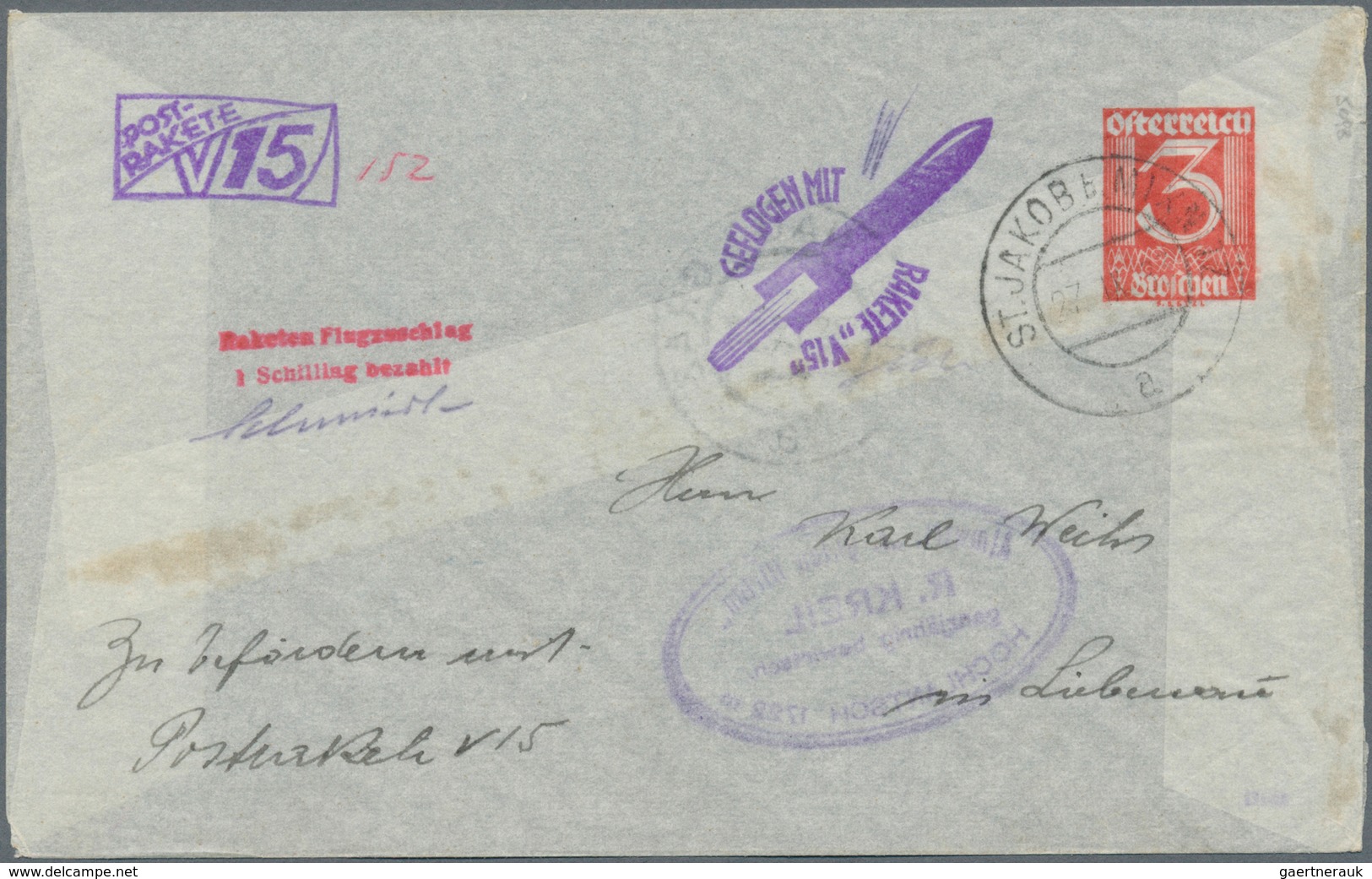 Raketenpost: 1933, Österreich: Schmiedl, Versuchsrakete V15, 3 Gr Rot Privat-GA-Umschlag, Weisses Pa - Sonstige & Ohne Zuordnung