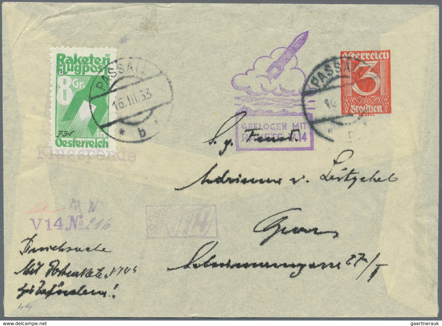 Raketenpost: 1933, Österreich: Schmiedl, Versuchsrakete V14, 3 Gr Rot Privat-GA-Umschlag, Gelbes Pap - Sonstige & Ohne Zuordnung