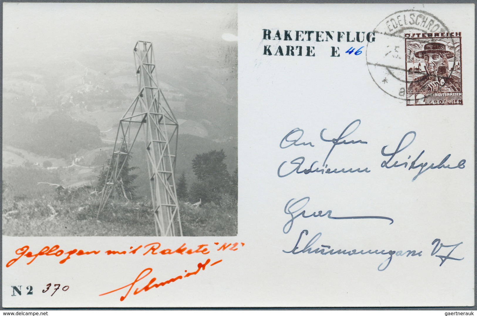 Raketenpost: 1935, Österreich: Schmiedl, Notverordnungs-Rakete N2, komplette Serie mit 6 verschieden