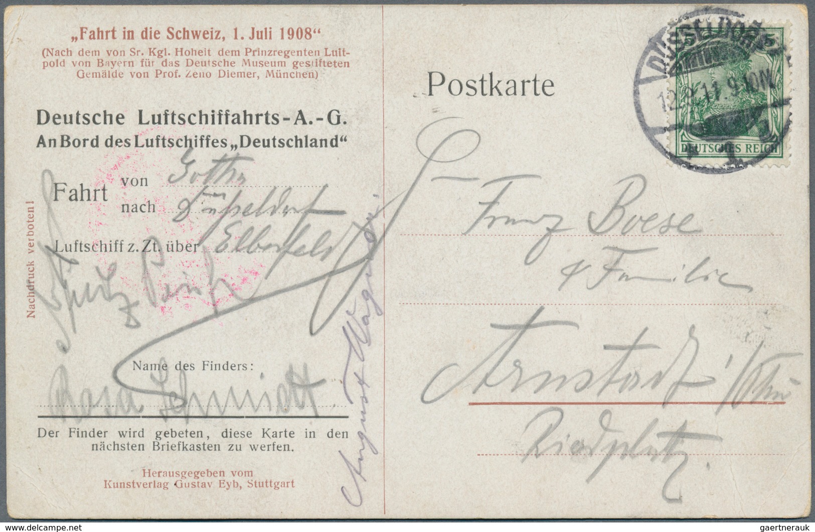 Zeppelinpost Deutschland: 1911, Luftschiff "SCHWABEN", Fahrt Gotha-Düsseldorf, Abwurf Elberfeld: 5 P - Poste Aérienne & Zeppelin