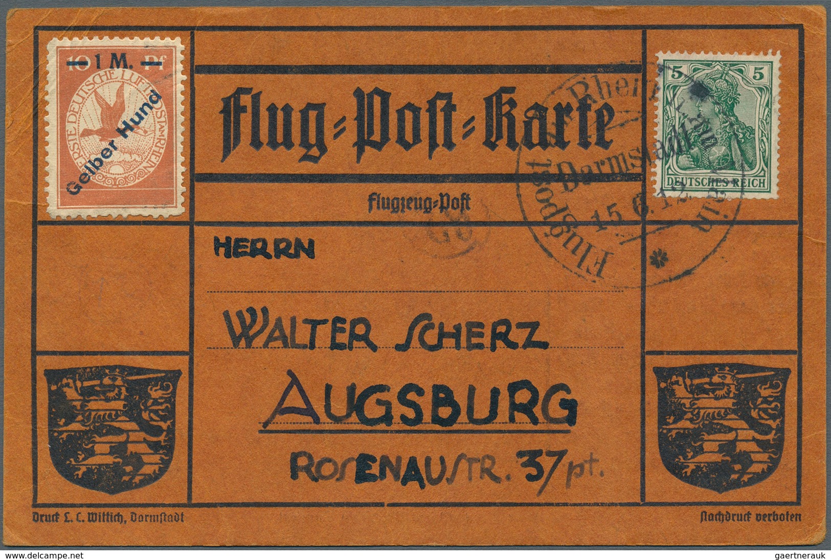Zeppelinpost Deutschland: 1912, 1 M. Gelber Hund Ungegestempelt Auf Sonderkarte Mit 5 Pfg. Germania - Poste Aérienne & Zeppelin