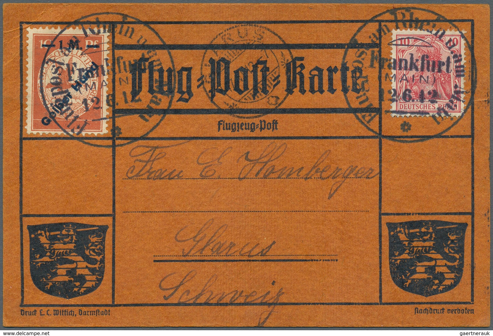 Zeppelinpost Deutschland: 1912, 1 M. Gelber Hund Auf Sonderkarte Mit 10 Pfg. Germania Und Flupostste - Poste Aérienne & Zeppelin