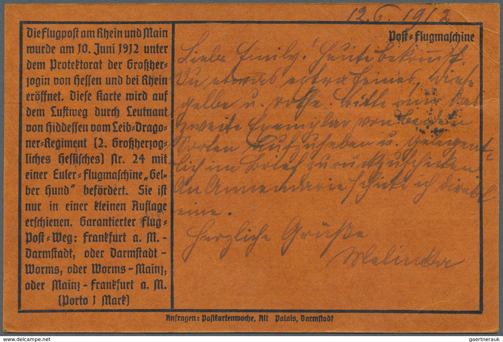 Zeppelinpost Deutschland: 1912, 1 M. Gelber Hund Auf Sonderkarte Mit 10 Pfg. Germania Und Flupostste - Poste Aérienne & Zeppelin