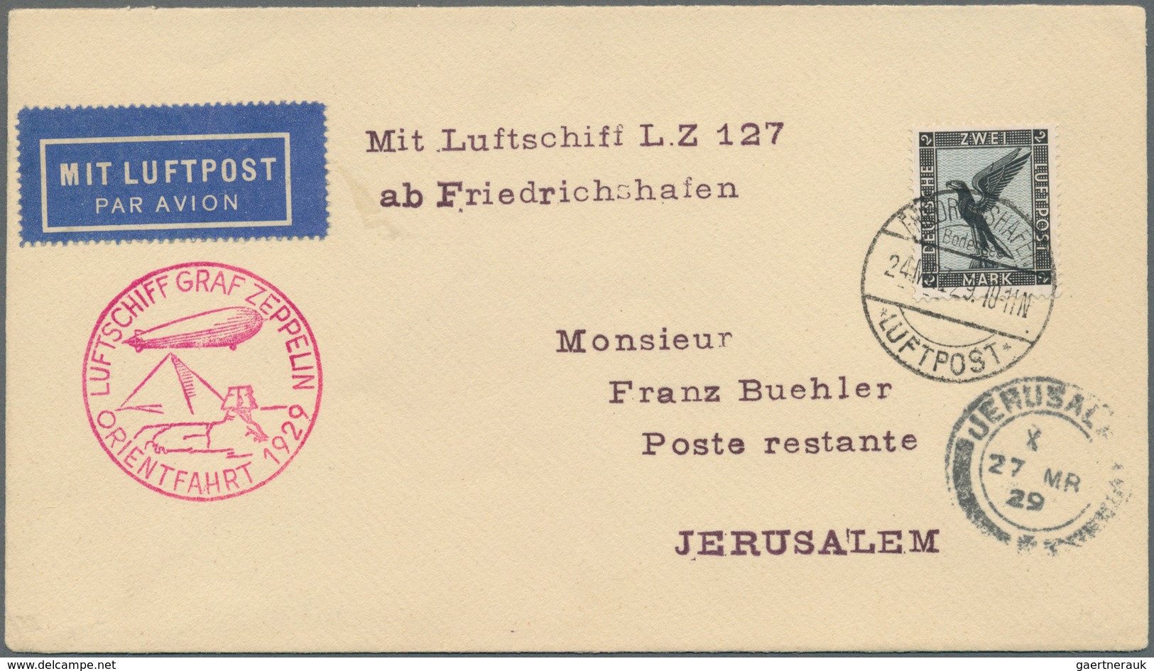 Zeppelinpost Deutschland: 1929, Orientfahrt, 2 RM Adler Auf Zeppelinbrief Mit Aufgabestempel "FRIEDR - Poste Aérienne & Zeppelin