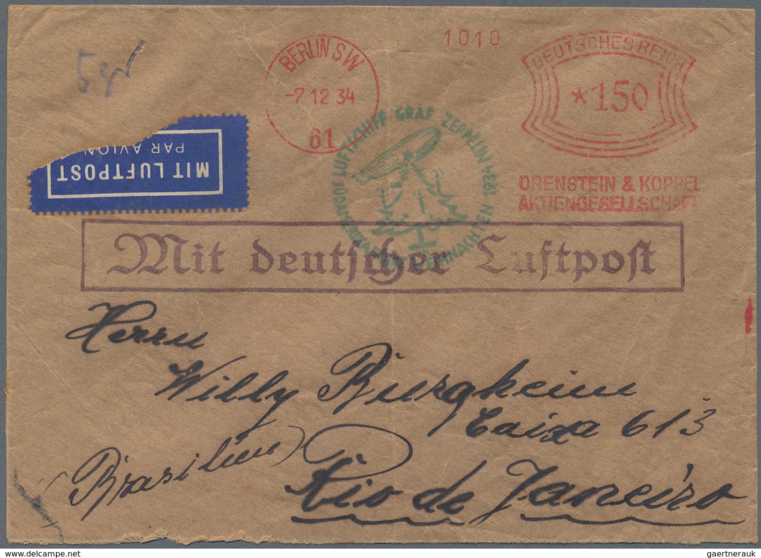 Zeppelinpost Deutschland: 1934, Weihnachtsfahrt (12. SAF.), Anschlußflug Berlin Mit Best.-Stempel "b - Poste Aérienne & Zeppelin