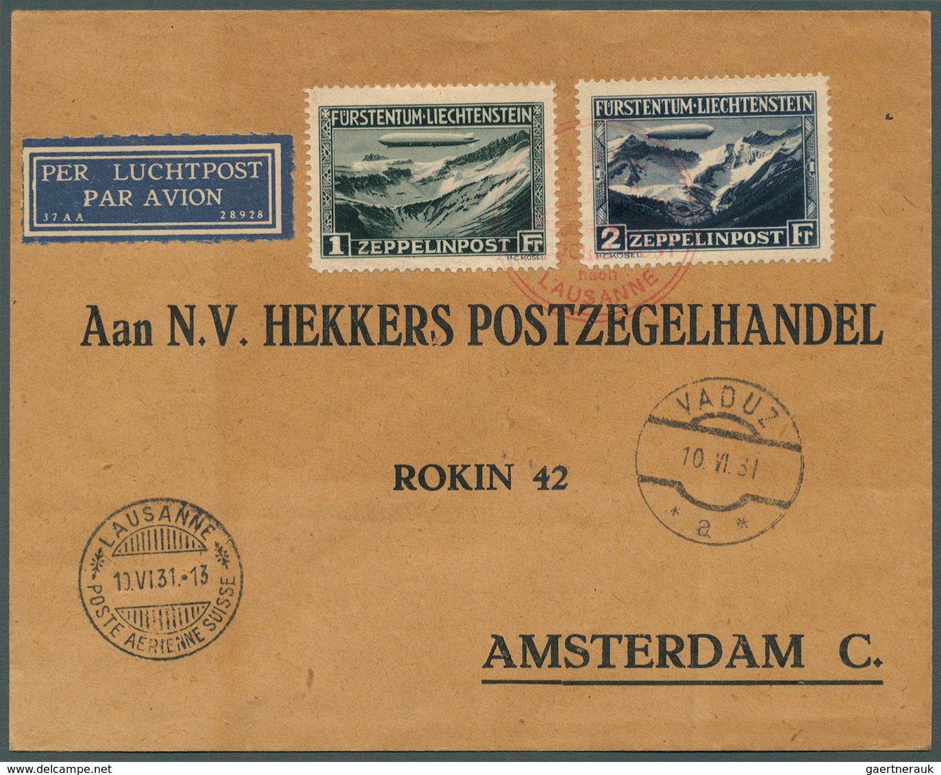 Zeppelinpost Europa: LIECHTENSTEIN: 1931, Fahrt Vaduz - Lausanne, Brief Mit Beiden Sondermarken Und - Autres - Europe