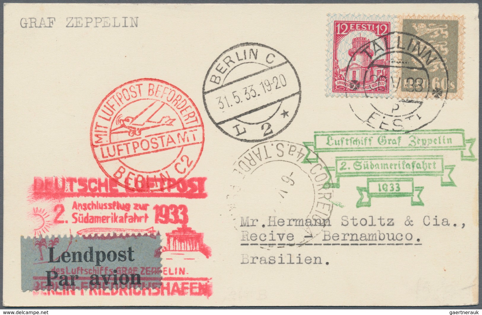 Zeppelinpost Europa: 1933, 2. SÜDAMERIKAFAHRT, Karte Mit Zuleitung Aus Tallinn, Estland. Mit Anschlu - Autres - Europe