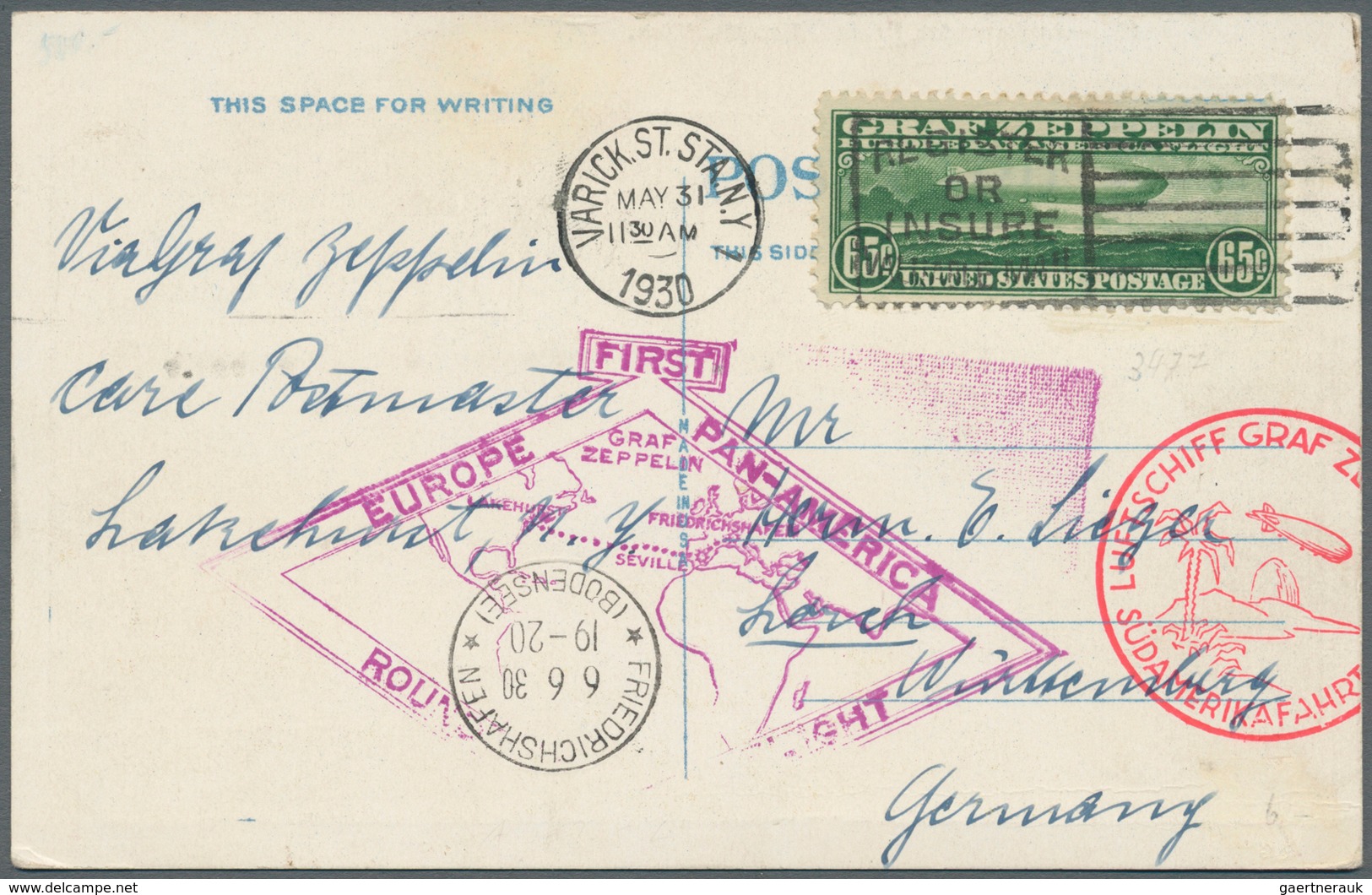 Zeppelinpost Übersee: USA: 1930, Südamerikafahrt, Amerik. Post Der Rückfahrt, Karte Mit 65 C. Sonder - Zeppeline