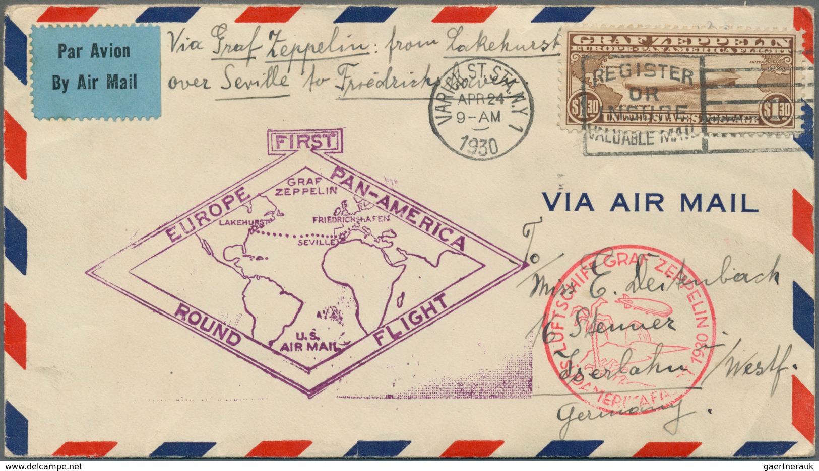 Zeppelinpost Übersee: USA: 1930, $1.30 Graf Zeppelin (Scott C14), Neat “Varick Station” Slogan Cance - Zeppeline