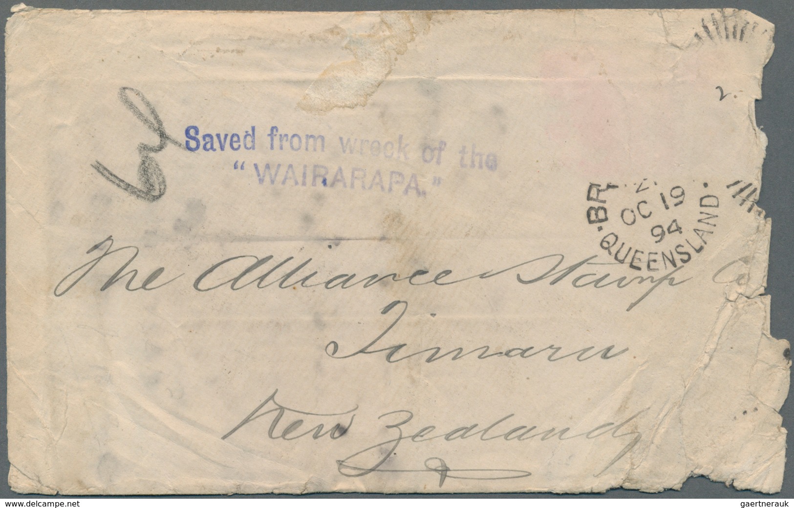 Katastrophenpost: 1894, Envelope From BRISBANE, Queensland To Timara, New Zealand. Envelope Has Some - Autres & Non Classés
