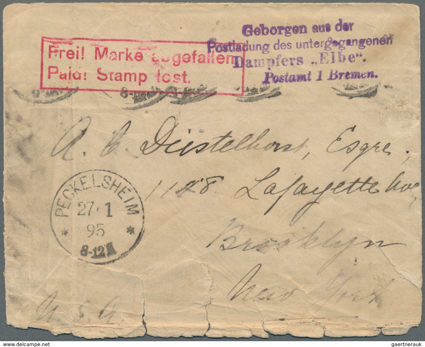 Katastrophenpost: 1895, Brief Aus PECKELSHEIM Adressiert In Die USA. Frankatur Abgewaschen Mit L4 "G - Autres & Non Classés