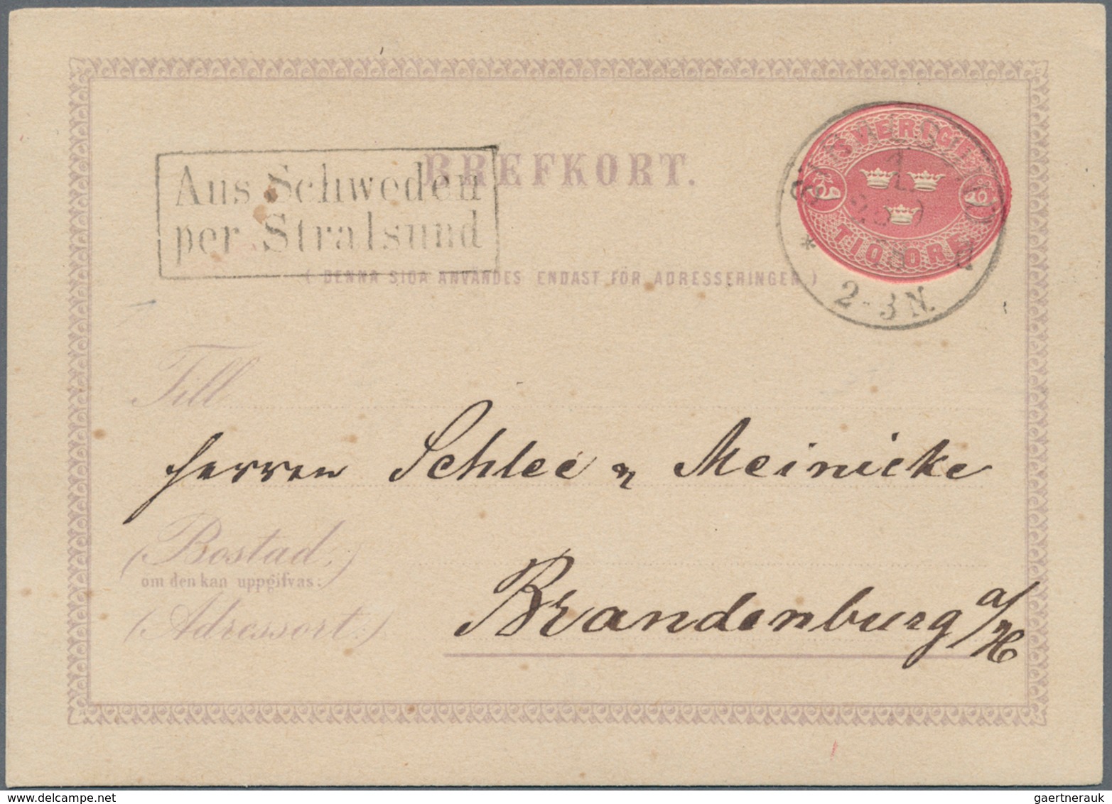 Schiffspost Deutschland: 1875/1878, 10 Öre Red/violet Psc With Manuscript Sender Malmö, On The Front - Autres & Non Classés