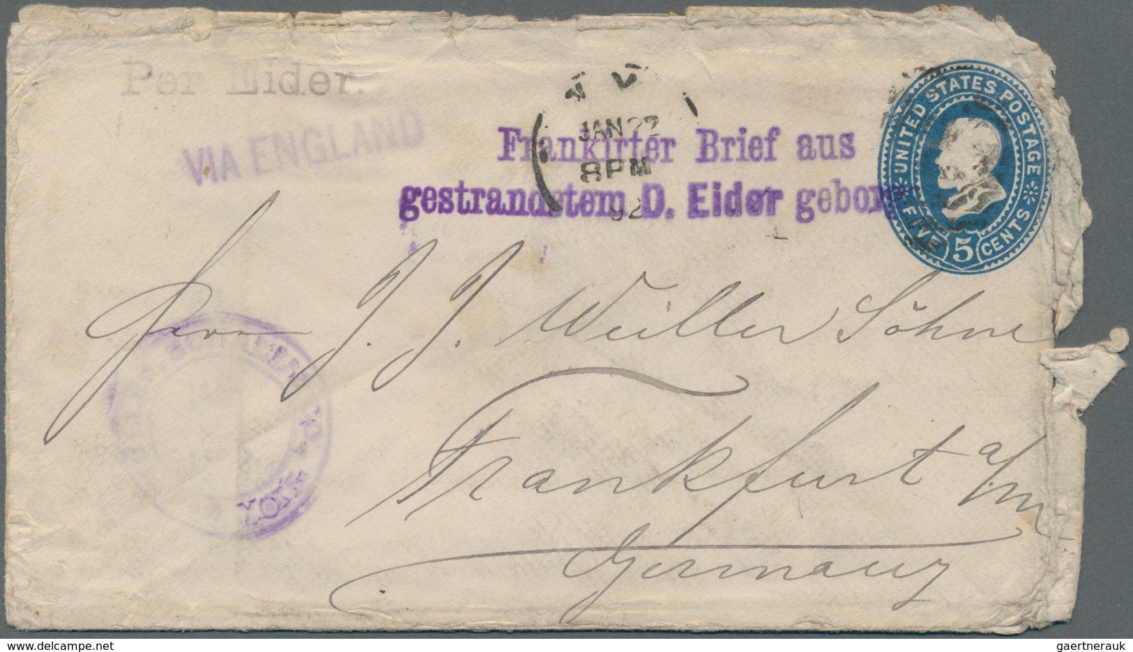 Schiffspost Deutschland: 1892, 5 C. Ganzsachenumschlag Ab NEW YORK Adressiert Nach Frankruft/Main. U - Autres & Non Classés