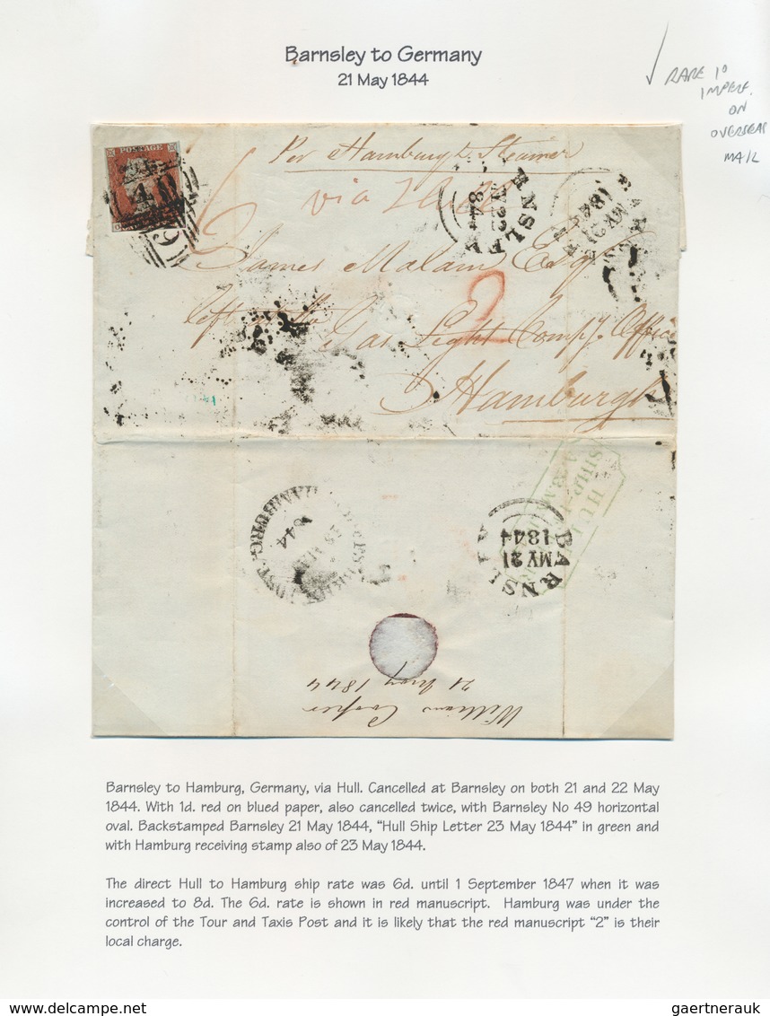 Schiffspost Alle Welt: 1844, Shipletter From Barnsley Via Hull To Hamburg Franked With 1 D Red On Bl - Sonstige & Ohne Zuordnung