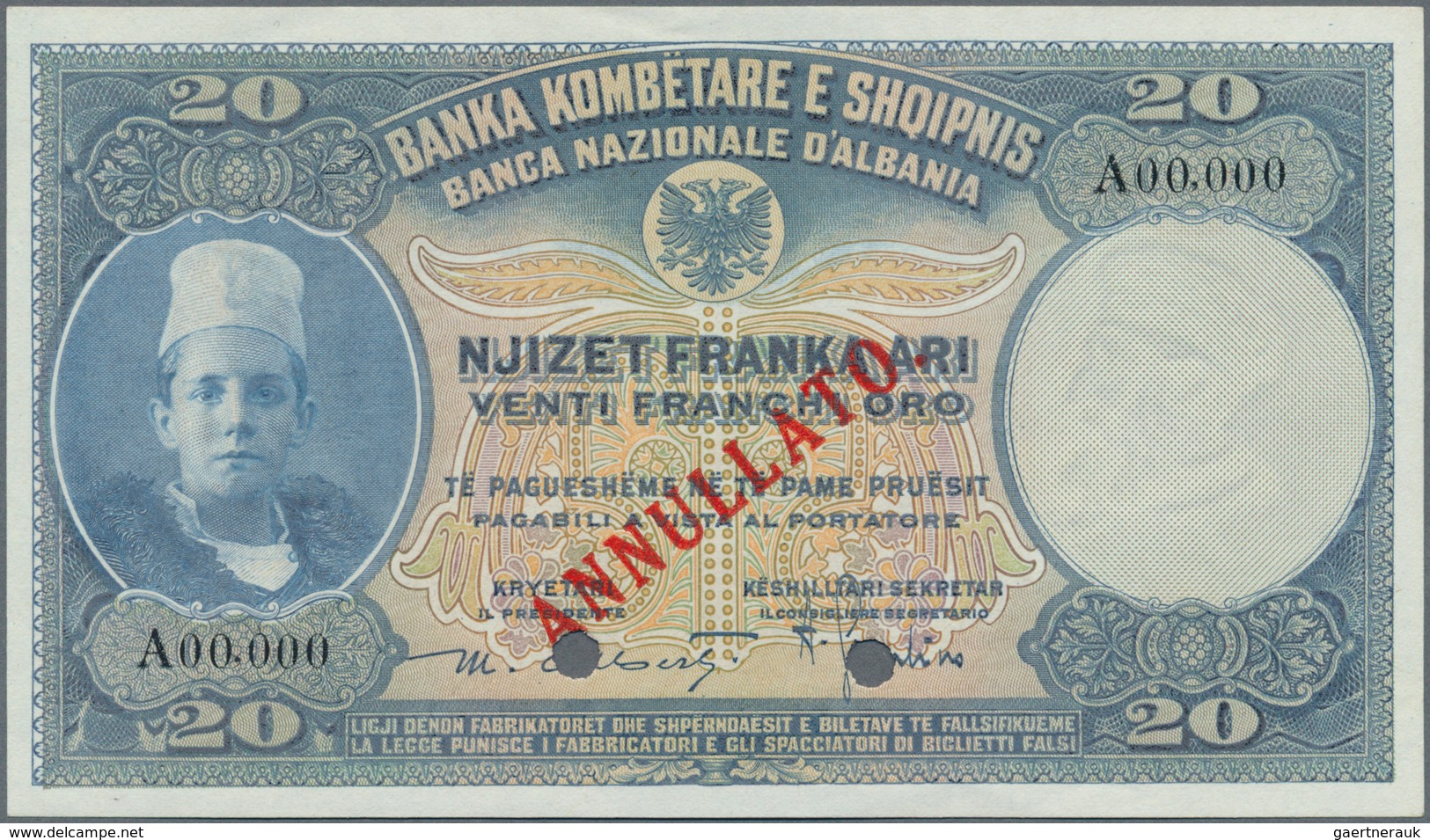 Albania / Albanien: 20 Franka Ari ND(1926) Specimen P. 3s, Crisp Original Paper With 2 Cancellation - Albanie