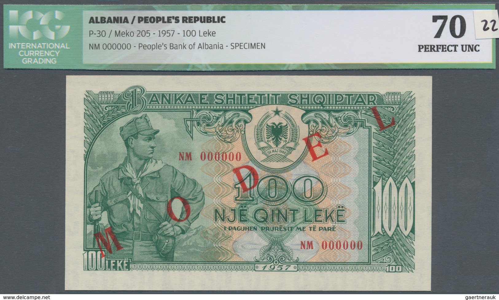 Albania / Albanien: 100 Leke 1957 Specimen P. 30s, With Red Overprint "Model", Zero Serial Numbers, - Albania