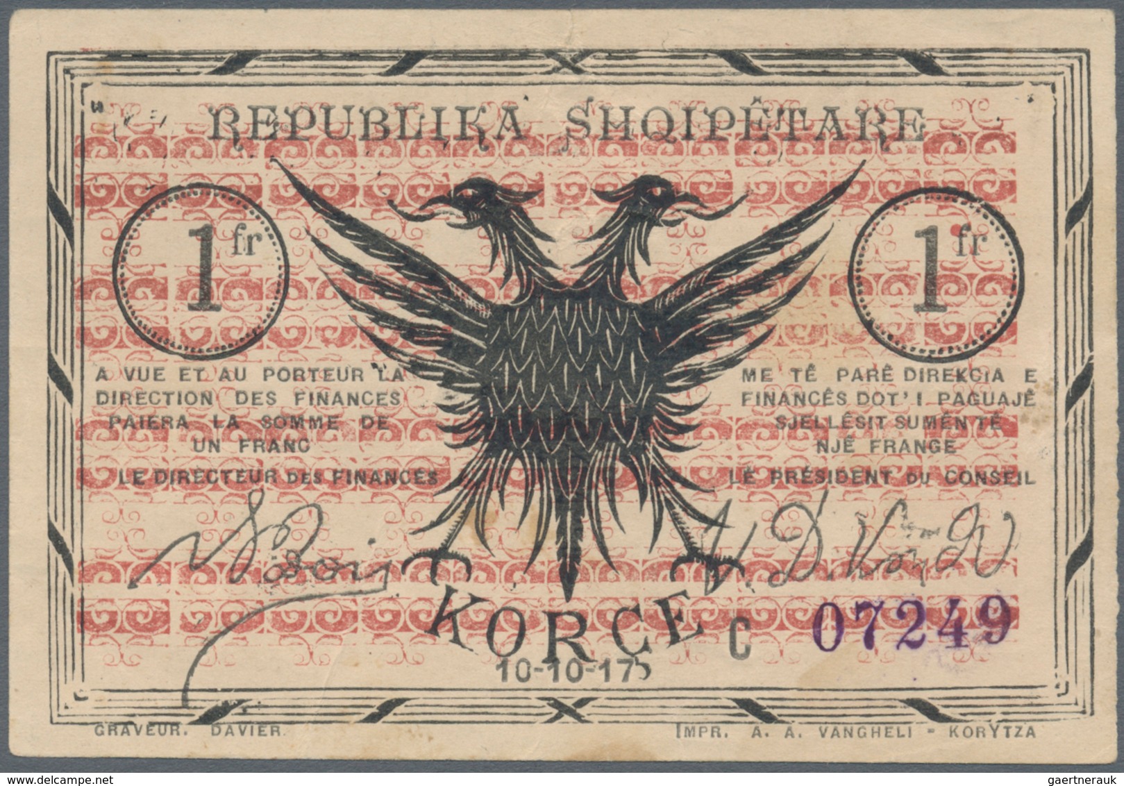 Albania / Albanien: 1 Frang 10.10.1917 P. S146, Used With One Vertical Fold And Light Handling / Din - Albania