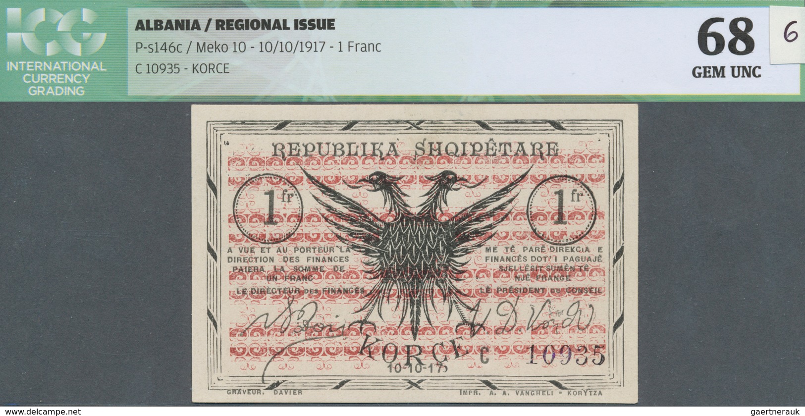 Albania / Albanien: 1 Franc 10.10.1917 P. S146c, Crisp Original With Original Colors, No Holes Or Te - Albanie