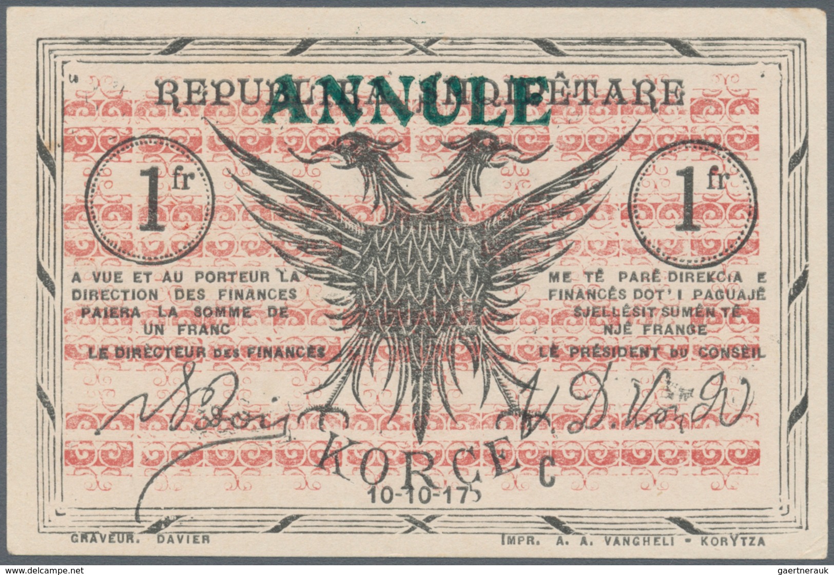 Albania / Albanien: 1 Frang 10.10.1917 P. S146 With Green Overprint Annule At Upper Border On Front, - Albanie