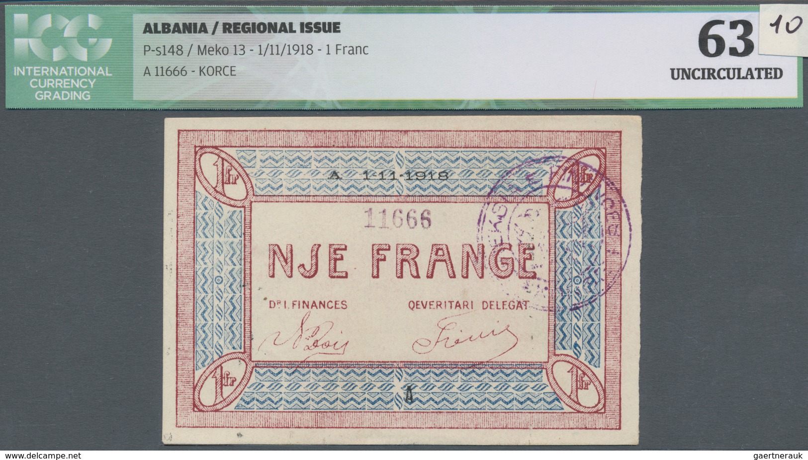 Albania / Albanien: 1 Franc 01.11.1918 P. S148, Unfolded, Crisp Paper And Original Colors, No Holes - Albania