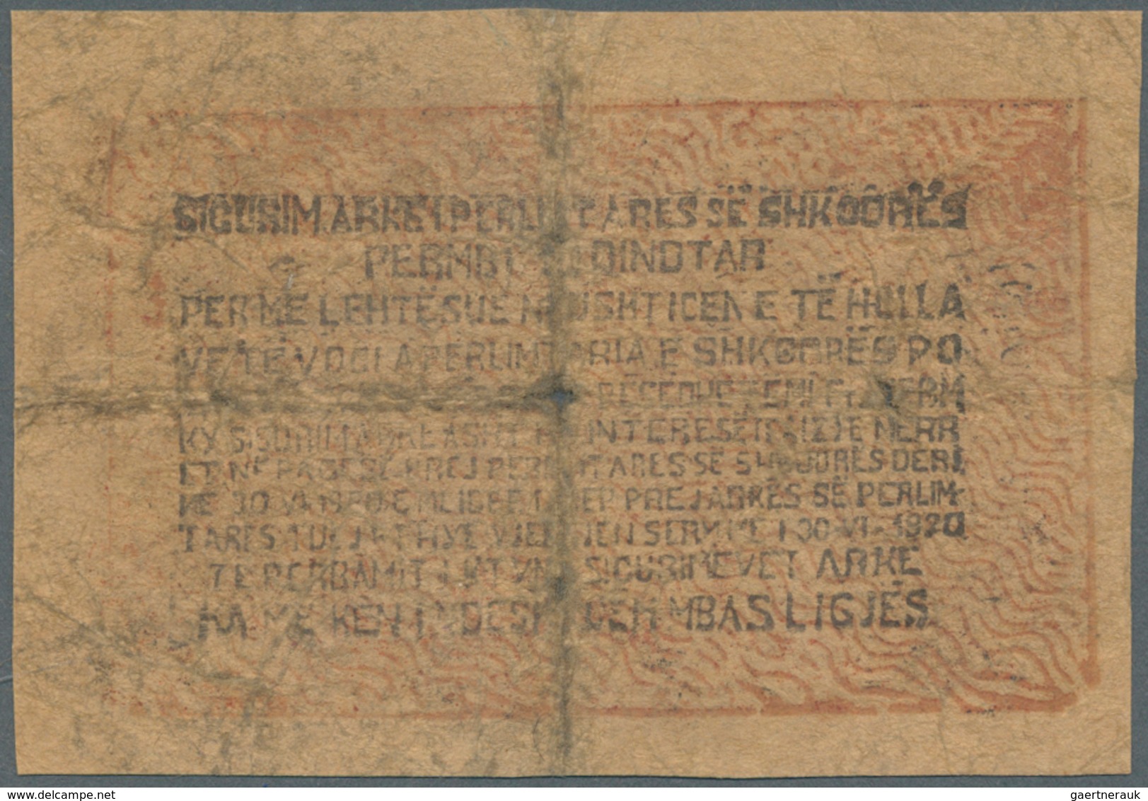 Albania / Albanien: Rare Note TREASURY OF SHKODËR, Albania Qindtár Issue, 1 Qindtár 1920 P. S172, Ve - Albania
