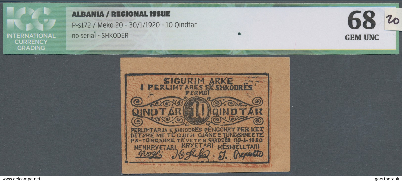 Albania / Albanien: 10 Qindthar 30.01.1920 P. S172, In Crisp Original Condition, W/o Serial, Conditi - Albania