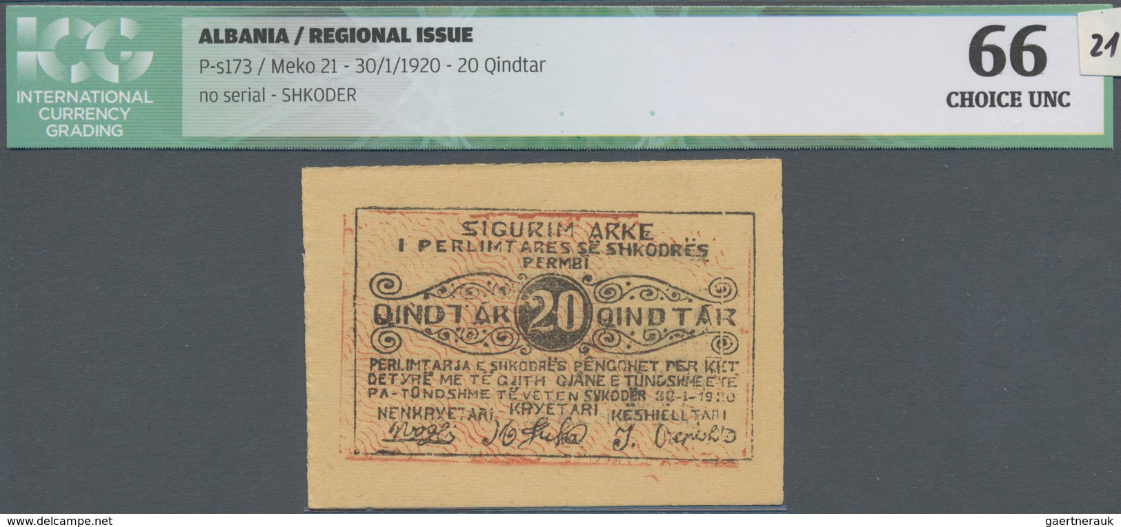 Albania / Albanien: 20 Qindtar 30.01.1920 P. S173, Shkoder Regional Issue, In Crisp Original Conditi - Albanie