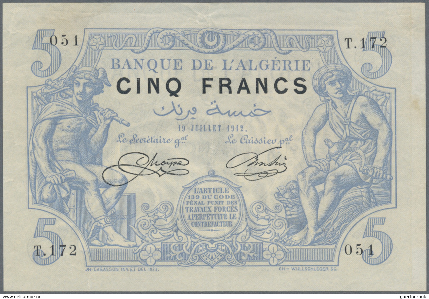 Algeria / Algerien: Banque De L'Algérie 5 Francs July 19th 1912, P.71a, Very Early Issue In Excellen - Algérie