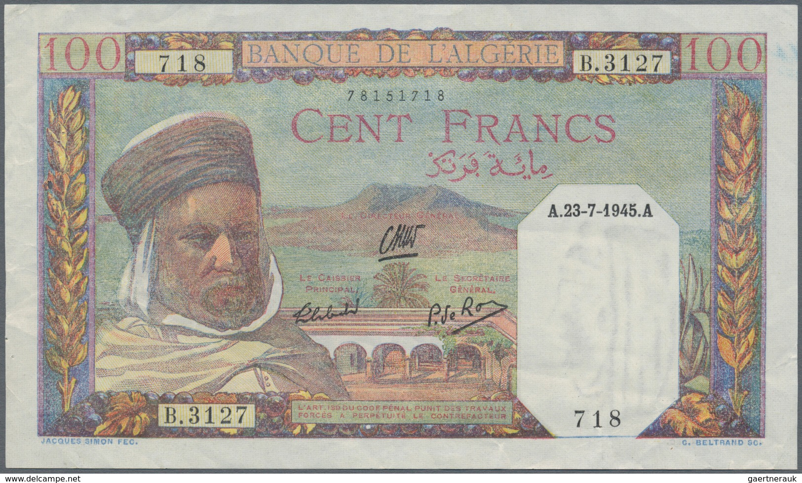 Algeria / Algerien: Set Of 3 Banknotes Containing 5 Francs 1916 P. 71b (VG), 100 Francs 1936 P. 81b - Algérie