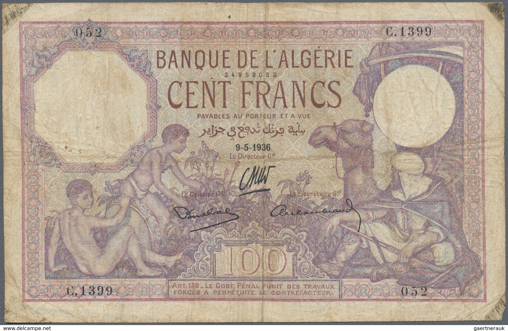 Algeria / Algerien: Set Of 3 Banknotes Containing 5 Francs 1916 P. 71b (VG), 100 Francs 1936 P. 81b - Algérie