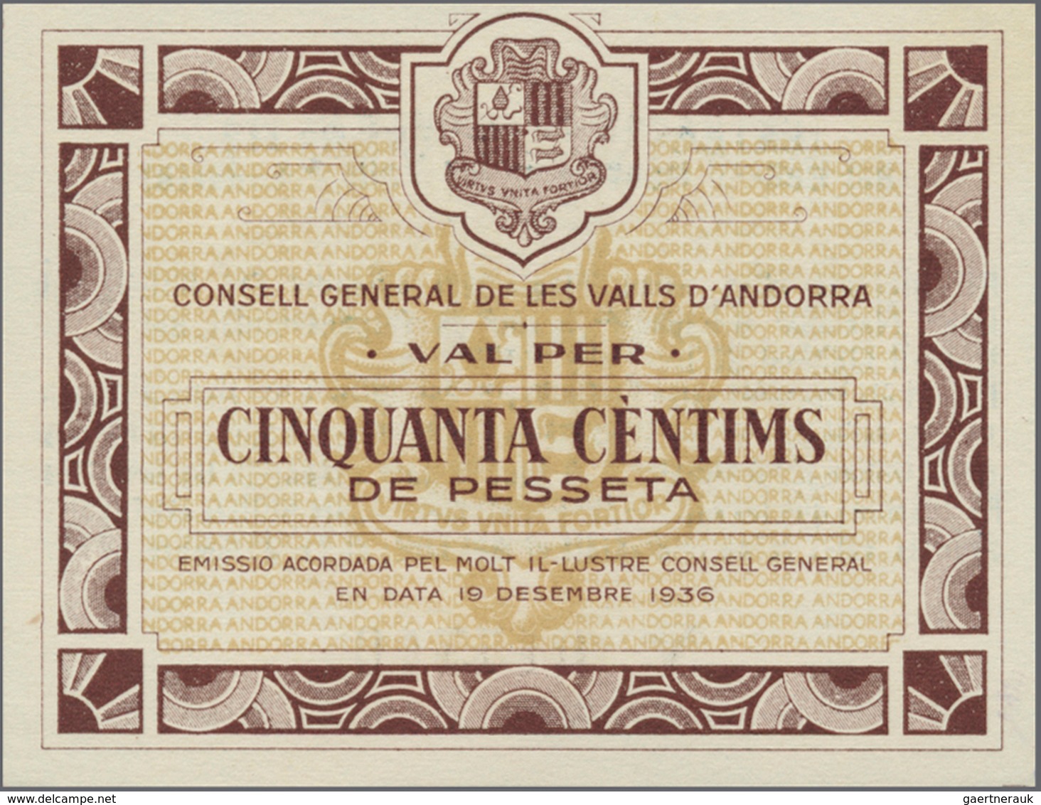 Andorra: 50 Centimes 1936 P. 5, Crisp Paper, In Condition: UNC. - Andorra