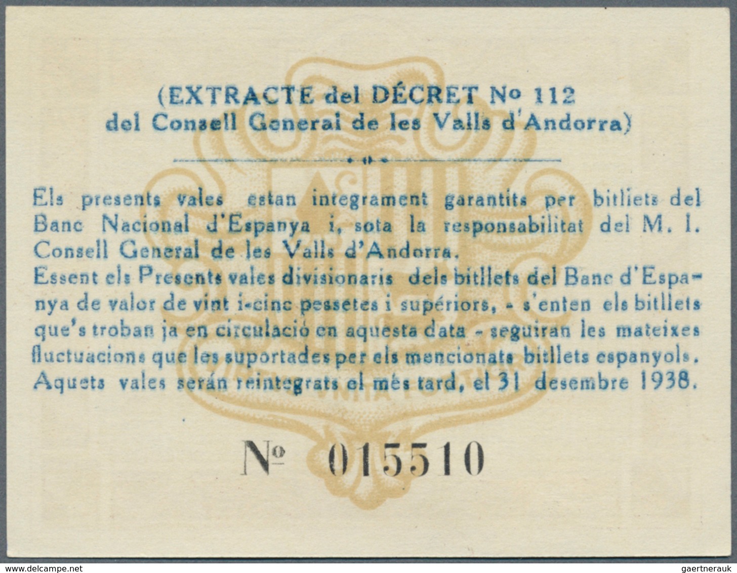 Andorra: 50 Centimes 1936 P. 5, Crisp Paper, In Condition: UNC. - Andorre