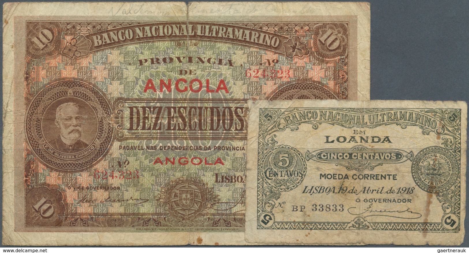 Angola: Banco Nacional Ultramarino Pair With 5 Centavos 1918 P.49 And 10 Escudos 1921 P.58, Both Wit - Angola