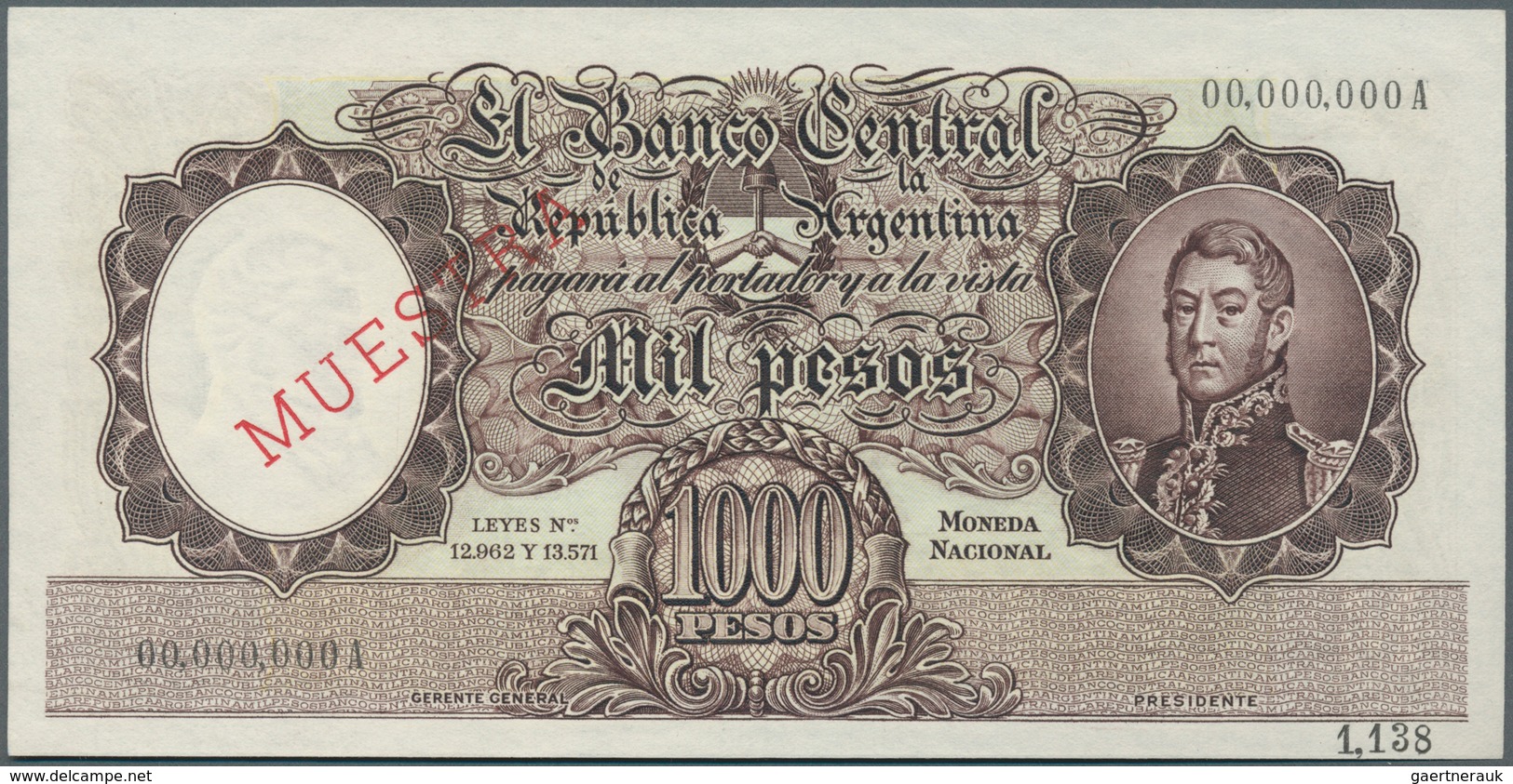 Argentina / Argentinien: 1000 Pesos 1935 Specimen P. 273s With Muestra Overperint And Perforation, Z - Argentina