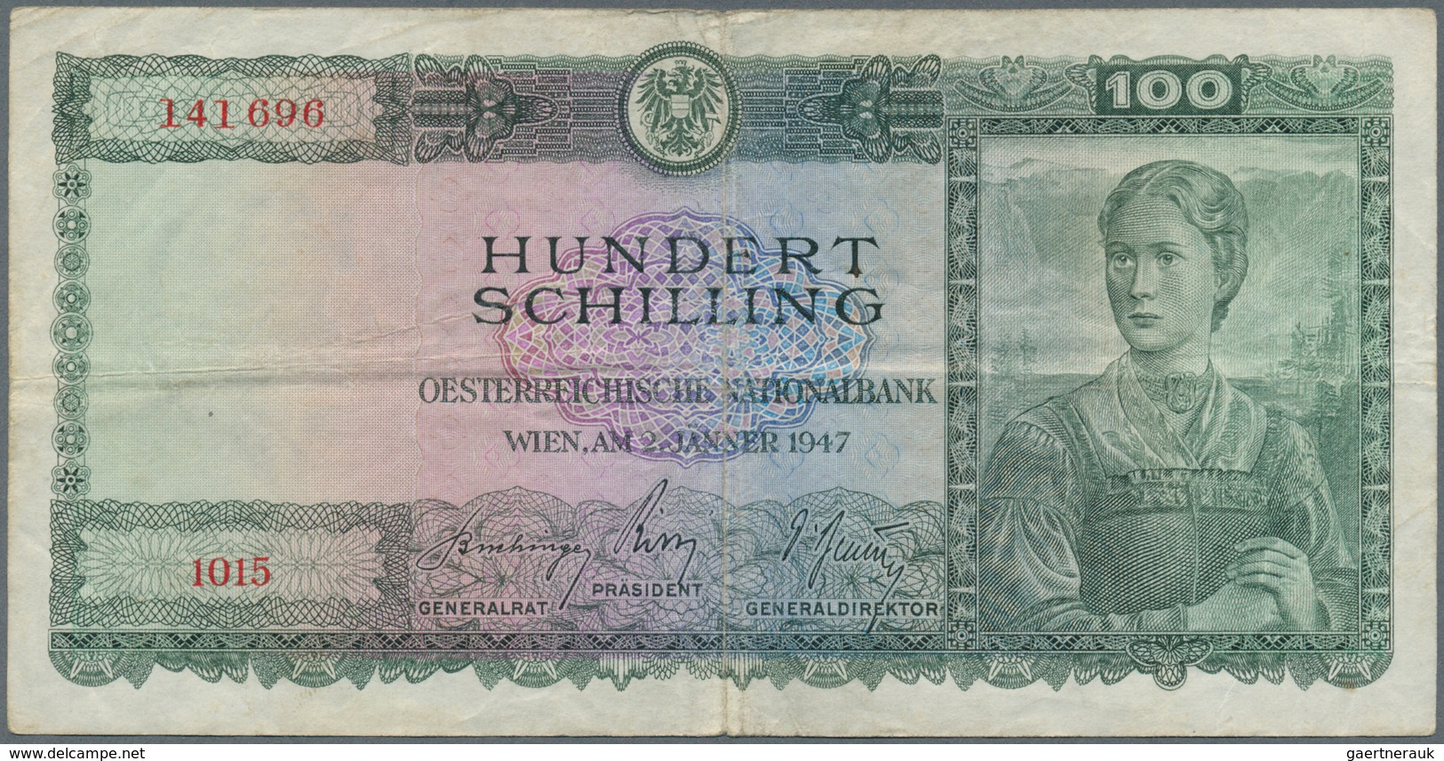 Austria / Österreich: 100 Schilling 1947, P.124, Stained Paper With Several Folds And Tiny Tears At - Austria