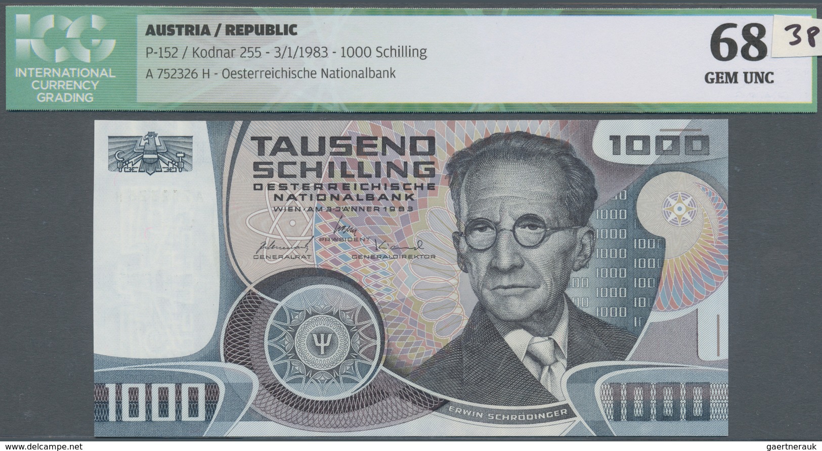 Austria / Österreich: 1000 Schilling 03.01.1983 P. 152, Portrait "Erwin Schrödinger", S/N A752326H, - Austria