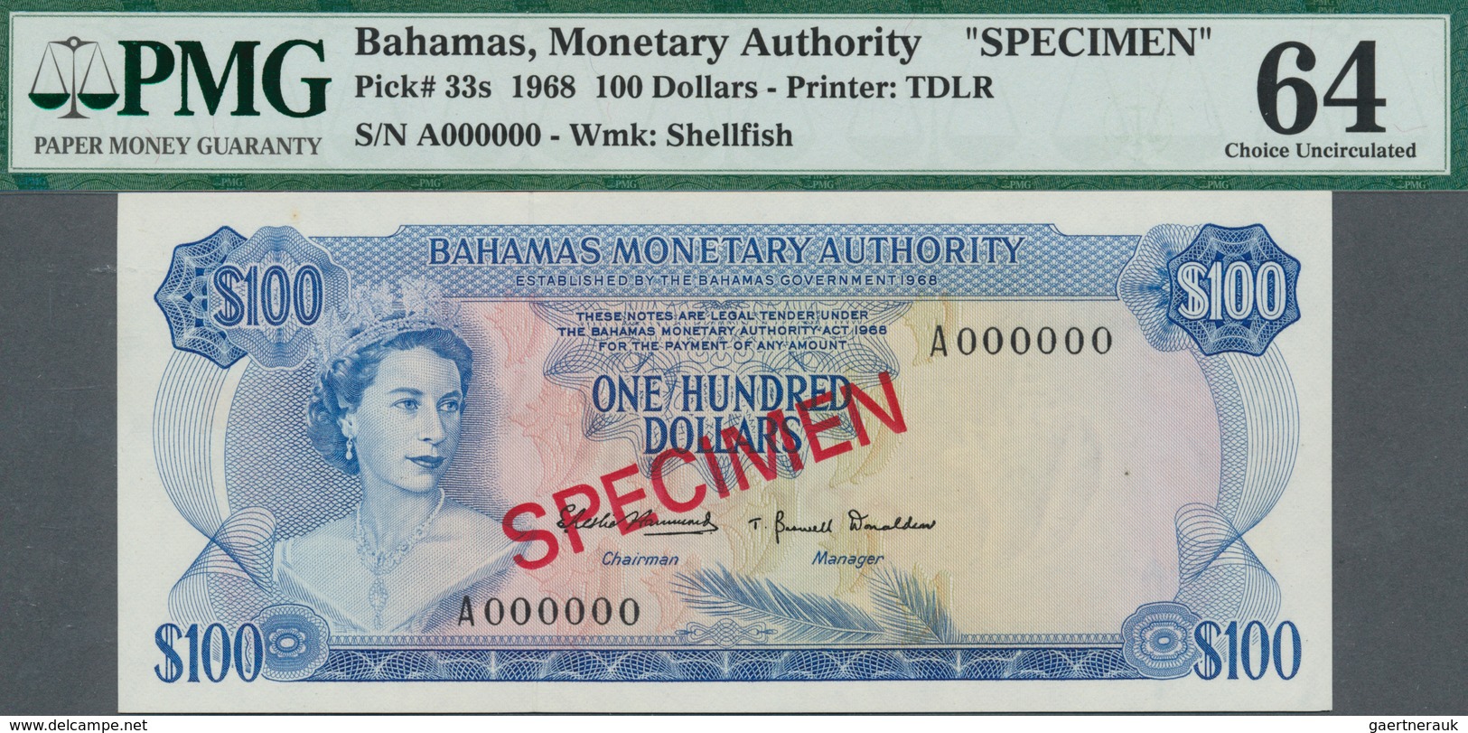 Bahamas: set of 8 SPECIMEN banknotes from 1/2 Dollar 1968 to 100 Dollars 1968 Specimen P. 26s-33s, a