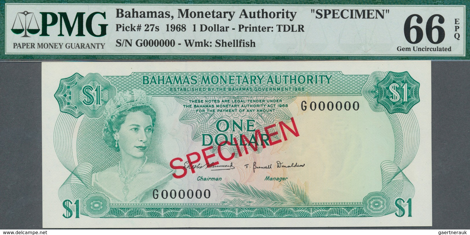 Bahamas: set of 8 SPECIMEN banknotes from 1/2 Dollar 1968 to 100 Dollars 1968 Specimen P. 26s-33s, a