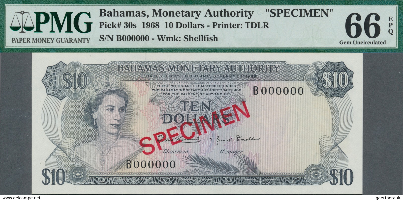 Bahamas: set of 8 SPECIMEN banknotes from 1/2 Dollar 1968 to 100 Dollars 1968 Specimen P. 26s-33s, a