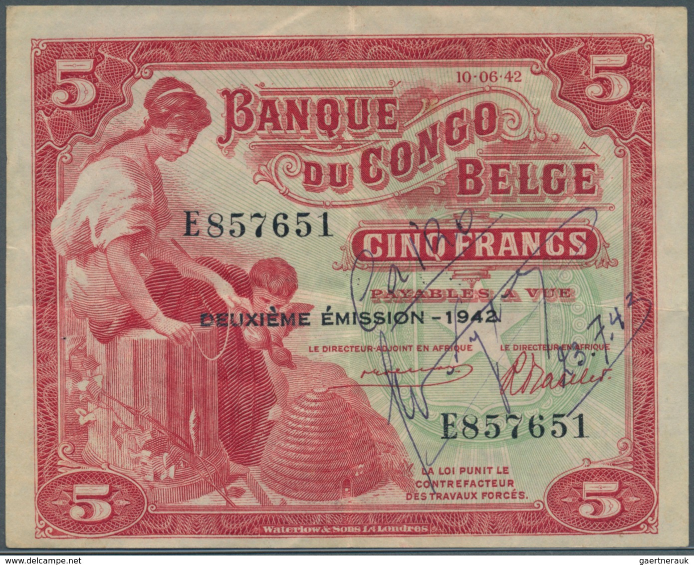 Belgian Congo / Belgisch Kongo: 5 Francs 1942 P. 13, Used With Light Folds And Creases In Paper, Pen - Unclassified