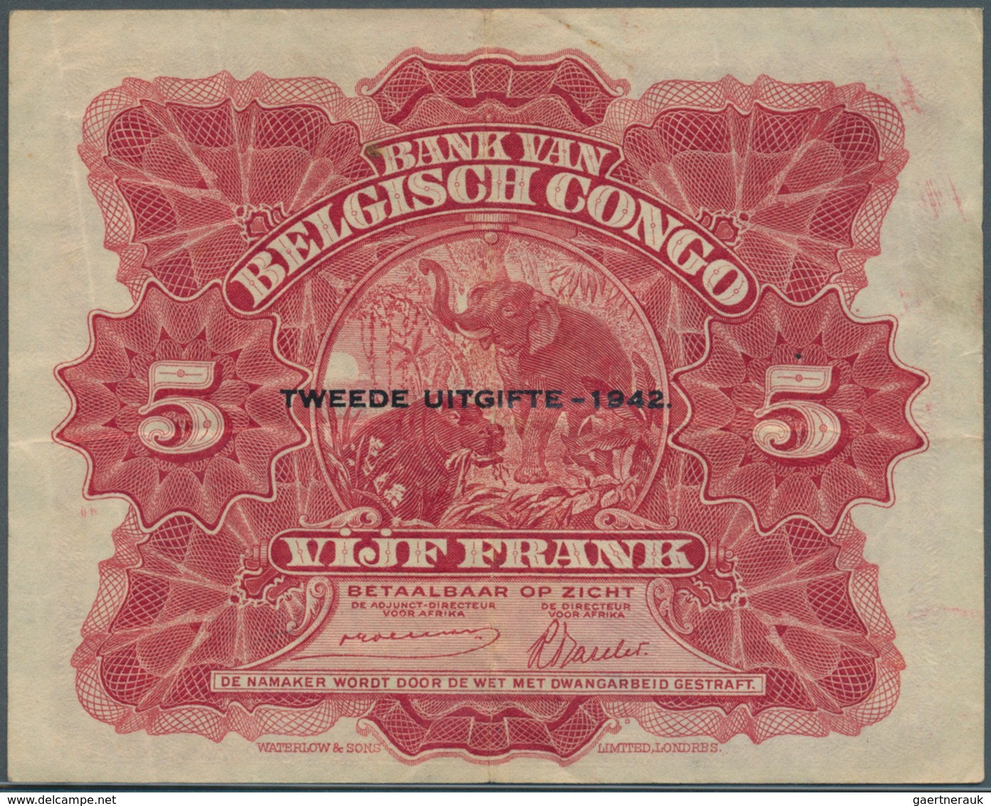 Belgian Congo / Belgisch Kongo: 5 Francs 1942 P. 13, Used With Light Folds And Creases In Paper, Pen - Unclassified